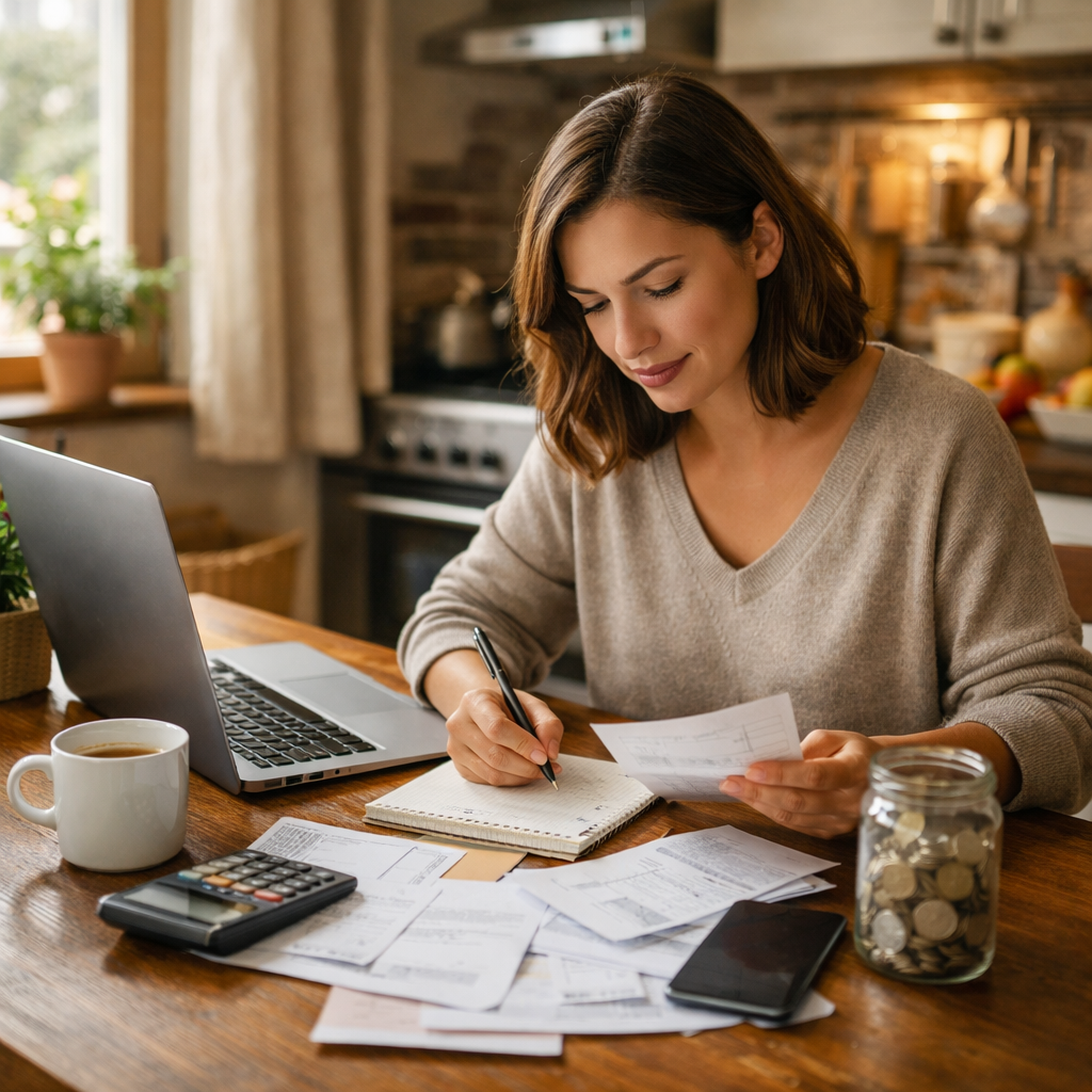Woman organizing household finances at a kitchen table while creating an emergency fund budget on her laptop and notebook