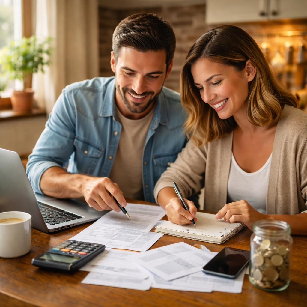 Couple creating a household budget at the kitchen table while planning their emergency savings fund together