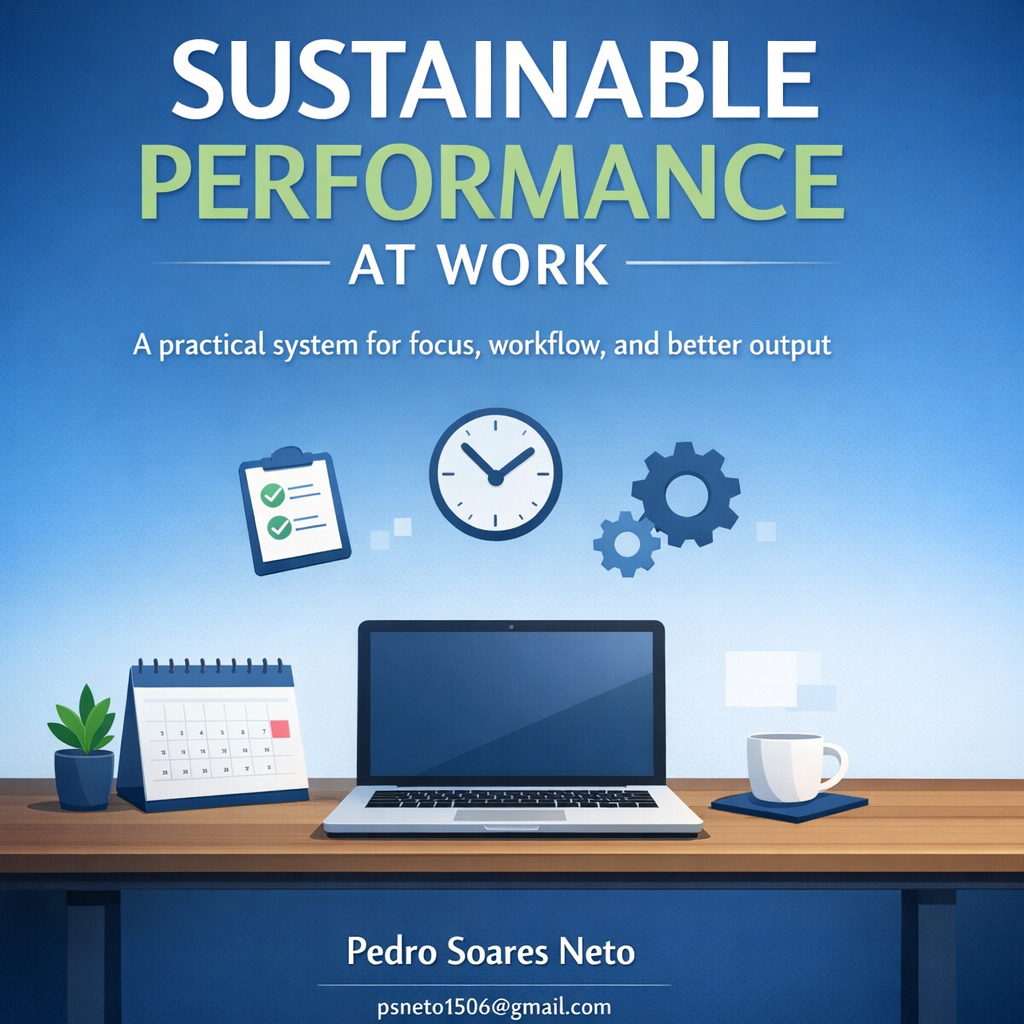 Sustainable Performance At Work eBook cover featuring a clean, professional design with modern typography and a minimalist AI/workflow theme. The cover communicates an AI-powered productivity system focused on streamlining tasks, organizing priorities, and improving weekly execution in a business setting.