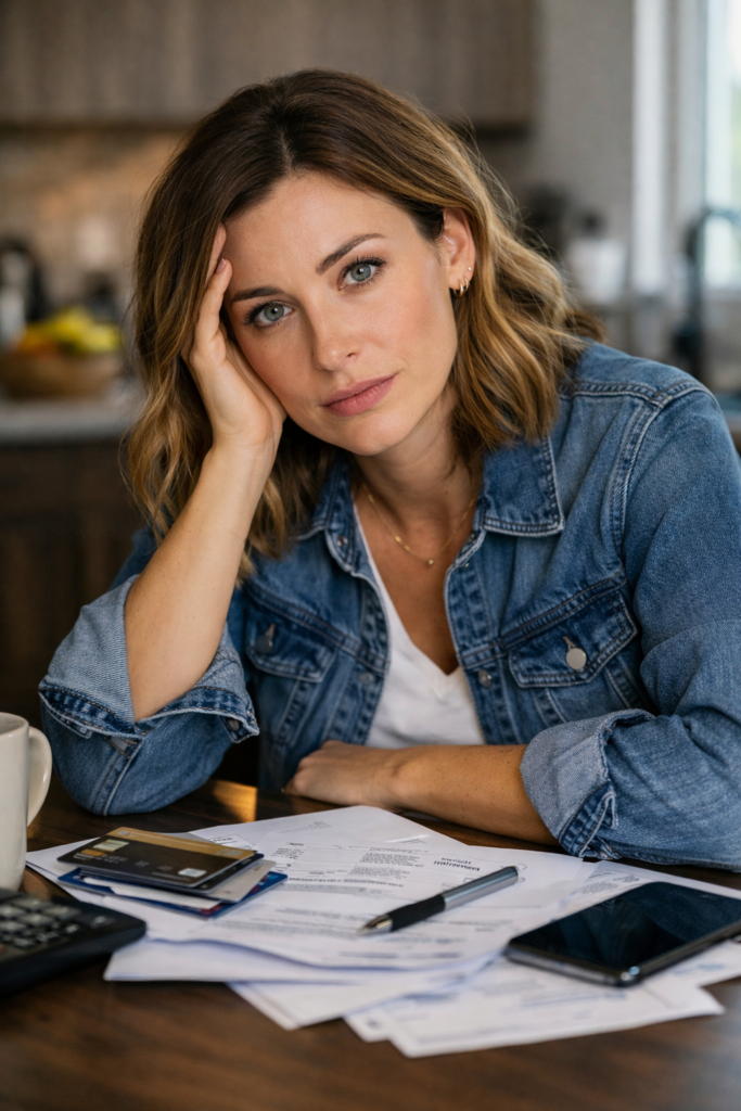 Beautiful young woman sitting at a kitchen table in a small apartment, looking worried while checking her credit card statements and monthly bills on a laptop, illustrating the stress of trying to escape credit card debt in 2026 while struggling to pay rent and groceries.