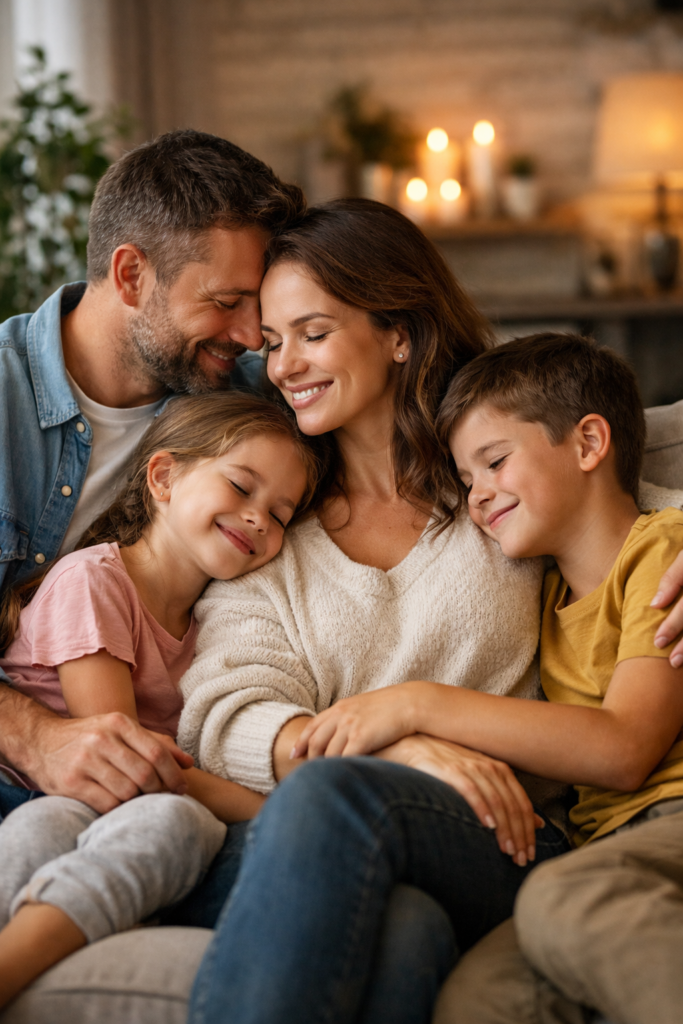 Familia sonriente sentada en el sofá de casa, padres y dos hijos compartiendo un momento de calma y cariño, simbolizando paz y armonía en la familia.