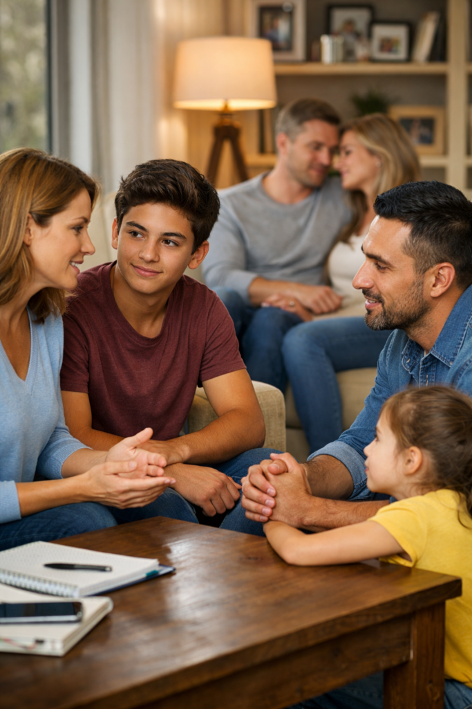 Familia sentada en el sofá del salón, padres e hijos conversando y sonriendo juntos, ilustrando una comunicación efectiva y cercana en la familia.