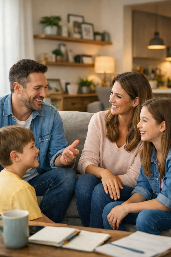 Padres e hijos hablando cara a cara en el salón de casa, sonriendo y escuchándose, ejemplo de comunicación efectiva en la familia.