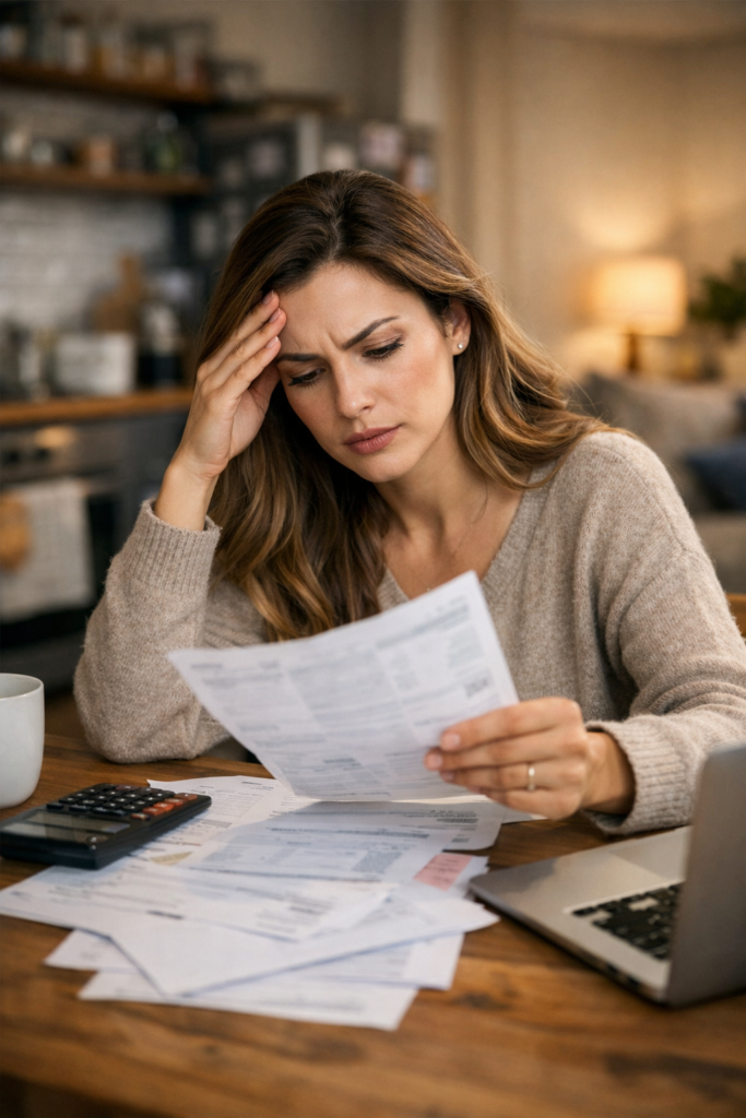 Mujer joven, guapa y preocupada, sentada en la mesa del salón con varias facturas y una calculadora en la mano, representando el estrés de intentar pagar las cuentas básicas a fin de mes.