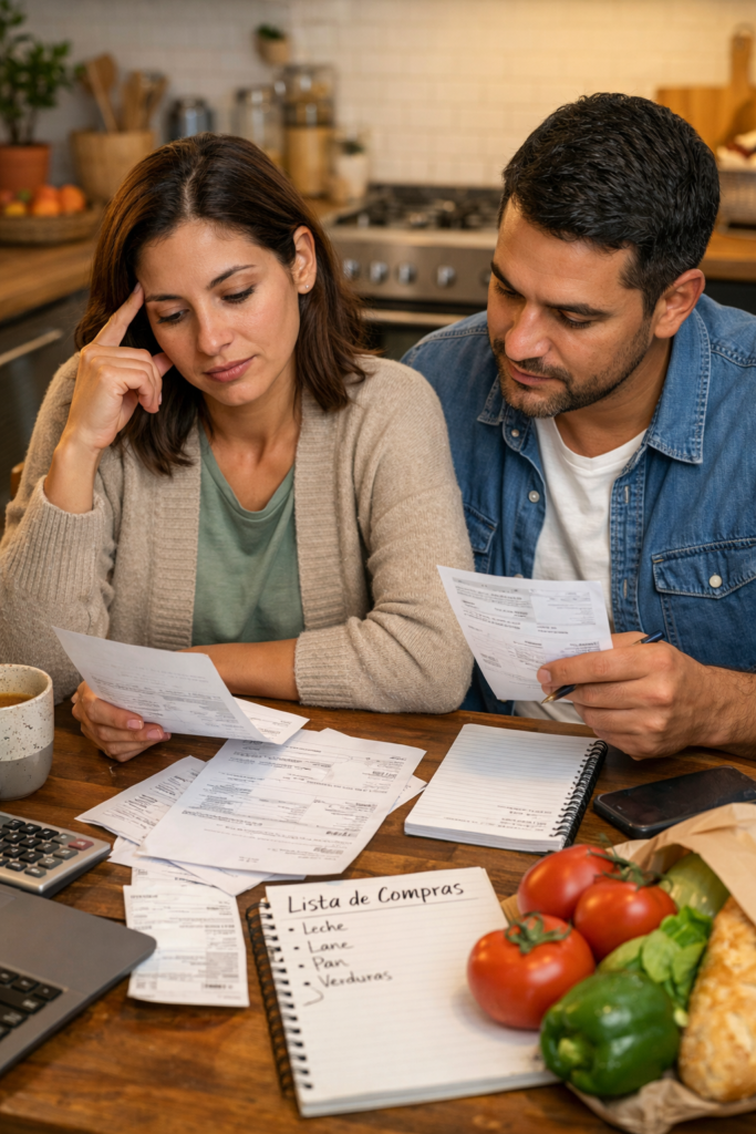 Mulher jovem e preocupada, sentada à mesa da cozinha com caderno e faturas à sua frente, fazendo contas e pensando em como reduzir gastos essenciais em alimentação, energia e vivienda.