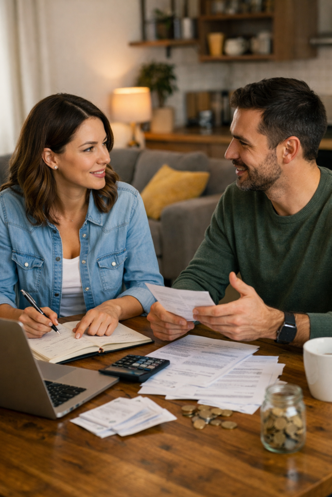 Madre sonriente organizando la rutina familiar diaria con un calendario de colores, mientras su pareja y sus hijos participan en las actividades en casa.