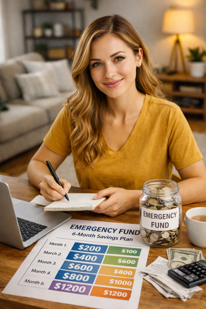 Young woman planning her emergency fund savings at home with laptop, calculator, cash, and a six-month savings plan chart, illustrating how to build an emergency fund.