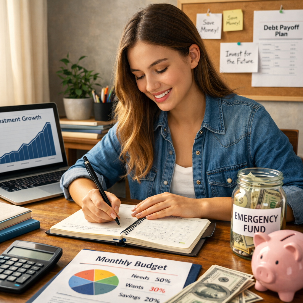 Young woman managing personal finances at home, creating a monthly budget and planning savings with laptop, calculator, piggy bank, and emergency fund jar.