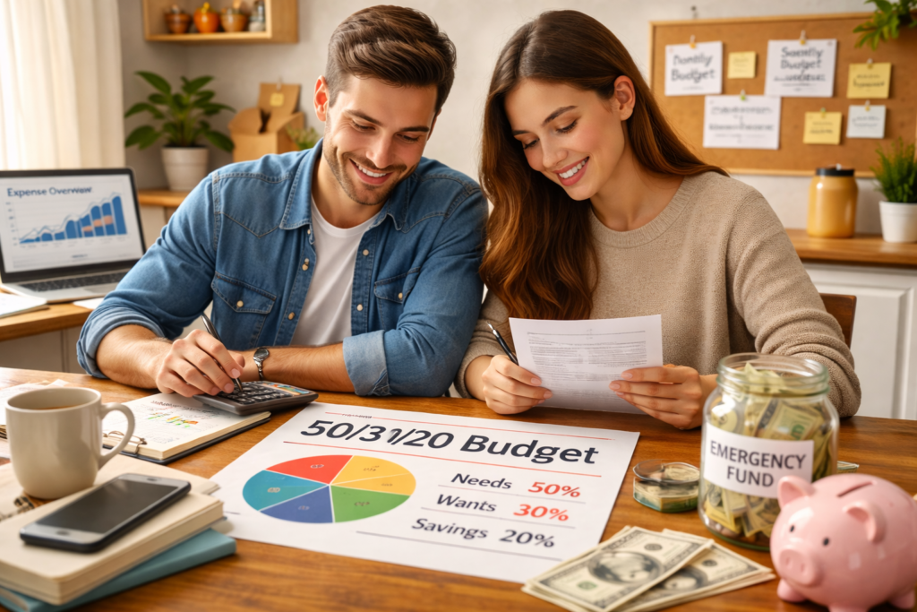 Young couple planning their finances at home using the 50/30/20 budgeting rule, reviewing expenses, savings, and emergency fund on a kitchen table in a realistic environment.