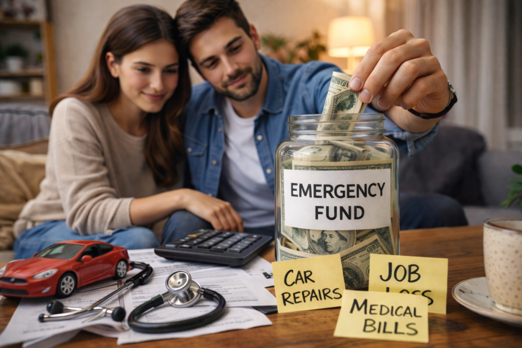Young couple saving money at home by putting cash into an emergency fund jar while planning their budget with calculator and financial documents in a realistic living room environment.