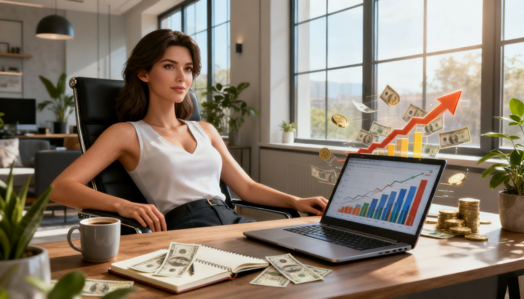 Realistic human woman focused in a bright home office, analyzing passive income dashboard on laptop, illustrating beginner investment strategies.