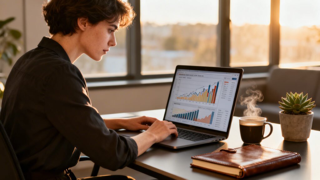 Realistic human person focused in a bright realistic home office, reviewing passive income charts on laptop, illustrating beginner strategies.