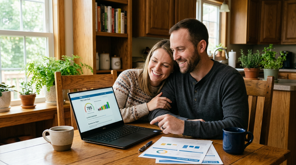 American couple sitting at kitchen table reviewing credit score on laptop with coffee mug and financial documents, managing credit health and personal finances together at home"