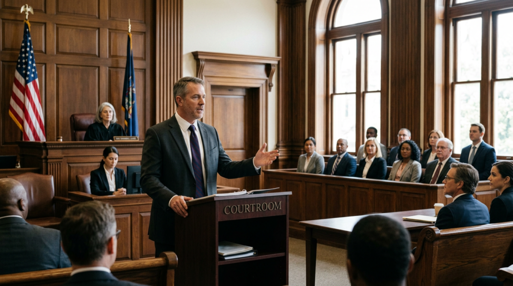 ofessional courtroom photograph featuring a lawyer in a dark suit standing at a podium, addressing the judge and jury. Rich wood paneling, American flag prominently displayed, natural light streaming through tall windows. Atmosphere of justice, legal expertise, and hope. High-end photography style.
