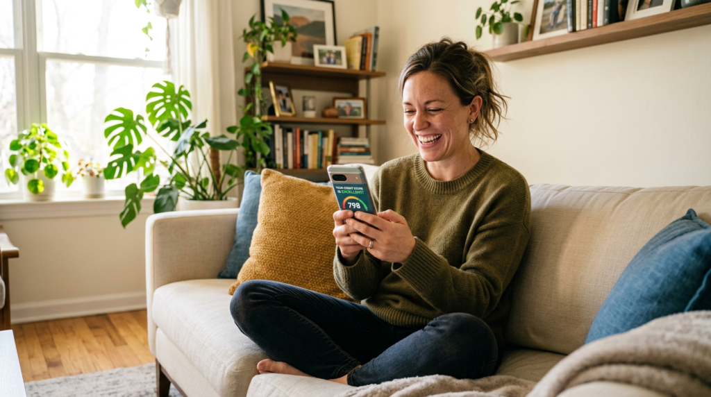 Relaxed American woman sitting on living room couch smiling at smartphone showing credit score improvement notification, feeling financially empowered and stress-free"