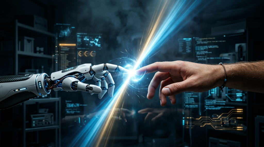 Human hand and robotic hand almost touching in a beam of blue and golden light in a futuristic laboratory, symbolizing the fusion between humanity and artificial intelligence, advanced technology and human-machine collaboration
