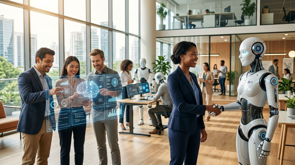 Diverse professionals working collaboratively with humanoid robots and holographic interfaces in a bright futuristic office, humans and AI agents as teammates, symbiosis between humanity and artificial intelligence in the workplace of the future"