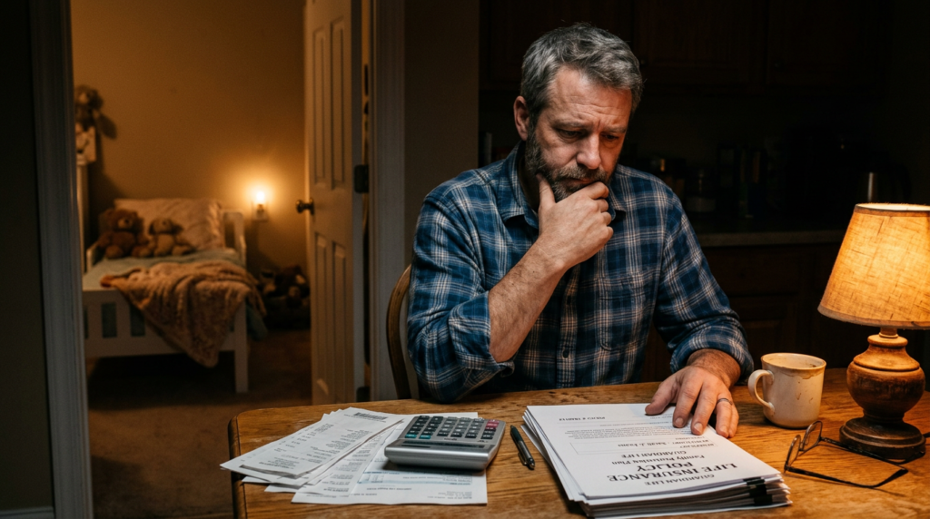 Emotional and realistic photograph of a middle-aged father sitting at a kitchen table late at night, illuminated only by a small lamp, holding a calculator and reviewing life insurance documents. In the background, the doorway reveals a child's bedroom with a nightlight. His expression conveys concern, responsibility, and hope. Warm amber tones, cinematic lighting. Represents family protection and financial planning.