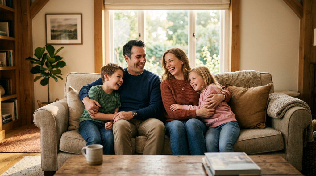 Bright and warm realistic photograph of a happy American family of four — father, mother, son and daughter — sitting together on a cozy living room sofa, laughing and hugging. Sunlight streams through a large window behind them. The atmosphere conveys love, security, financial peace of mind, and family protection. Warm earthy tones, authentic genuine smiles, magazine-quality photography style.
