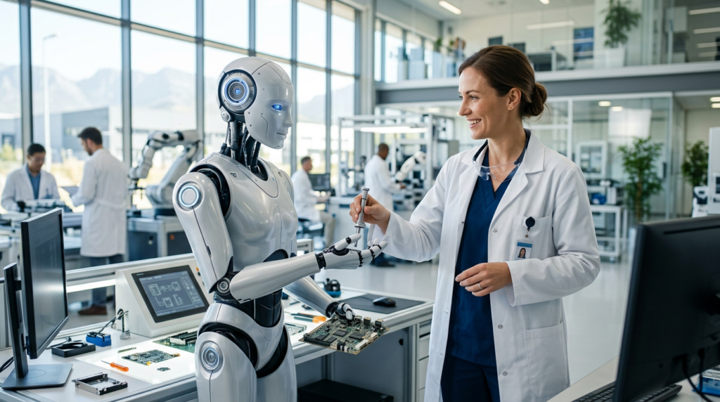 A beautiful human woman in a white lab coat collaborating with a sleek humanoid robot in a sunlit high-tech factory, exchanging a tool in a scene of human-robot partnership.