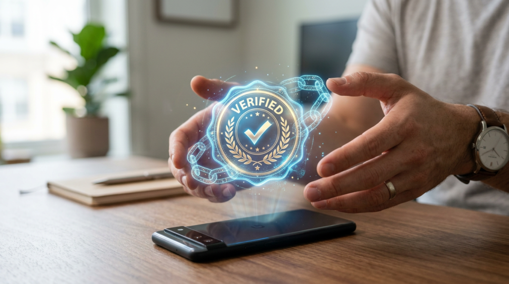 Human hands holding a glowing holographic verification seal with digital chain links above a smartphone, symbolizing blockchain provenance and digital truth authentication.