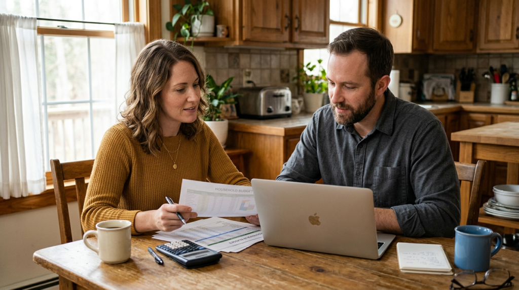 American couple sitting at home kitchen table reviewing budget spreadsheet on laptop with calculator and financial documents, managing personal finances together in natural daylight"