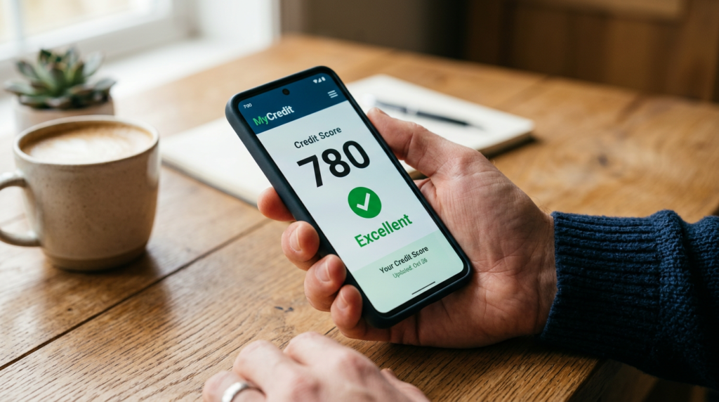 Close-up of hand holding smartphone showing credit score 780 with Excellent rating and green checkmark on financial app screen"
