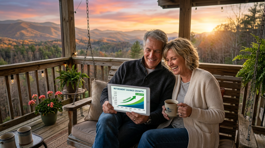 Happy retired American couple sitting on porch with mountain sunset view, holding tablet showing retirement savings chart, enjoying financial freedom and peace of mind