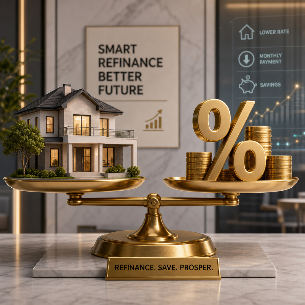 "A professional 3D illustration of a house resting on a balanced scale with a percentage symbol and golden coins, representing a successful mortgage refinance strategy in 2026."