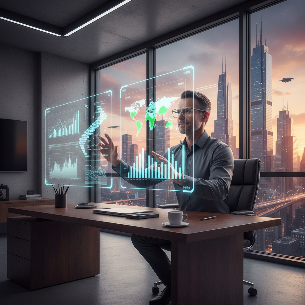 A person in a futuristic home office using AR glasses to interact with holographic financial models and global market data, representing the pinnacle of financial freedom in 2026.