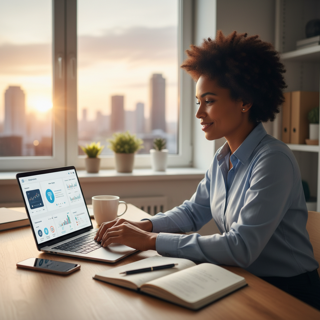A professional investor in their late 30s sitting in a modern, sunlit home office, looking confidently at a laptop screen displaying a clean financial dashboard with AI-driven charts and digital asset icons. The scene includes a smartphone, a cup of coffee, and a notebook on a tidy desk, with a soft-focus view of a modern city at sunrise in the background.