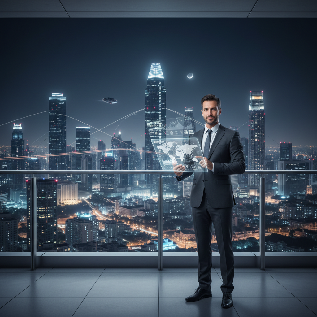 A photorealistic and futuristic scene of a Sovereign Individual 2.0. A professional in their late 30s stands on a high-end balcony overlooking a glowing global city like Singapore or Dubai at night. They are holding a transparent holographic tablet that displays a world map with interconnected financial nodes and decentralized data streams. The image conveys a sense of absolute freedom, technological mastery, and secure global mobility.