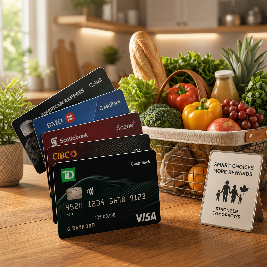 "A professional 3D render of multiple Canadian credit cards fanned out on a wooden table next to a shopping basket filled with fresh groceries, symbolizing cash back rewards for families in 2026."