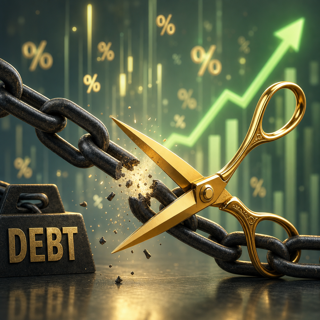 "A professional 3D render of a heavy iron chain being cut by a pair of golden scissors, with a background of falling interest rate percentages, symbolizing the freedom of debt consolidation in 2026."