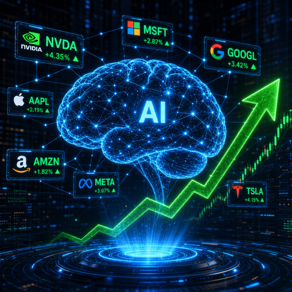"A professional 3D render of a glowing blue artificial intelligence brain interconnected with glowing stock market ticker symbols and a rising green growth arrow, symbolizing AI investment growth in 2026."