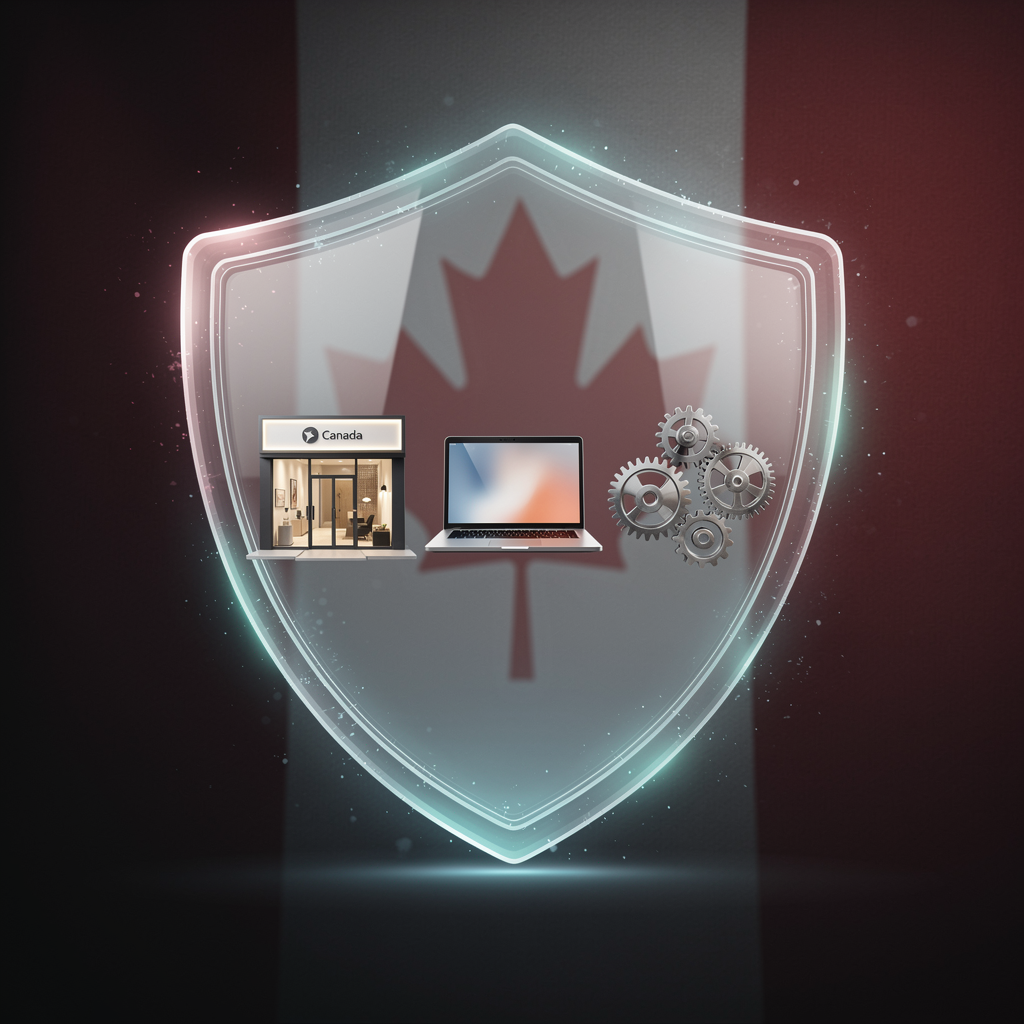 "A professional 3D render of a glowing digital shield protecting a group of small business icons (storefront, laptop, gears) against a background of the Canadian flag, symbolizing business protection in 2026."