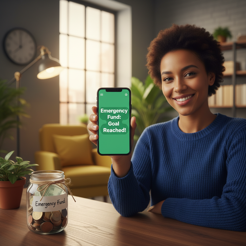 A diverse, smiling person in a modern home office holding a smartphone with an "Emergency Fund: Goal Reached" notification, symbolizing financial security and peace of mind in 2026.