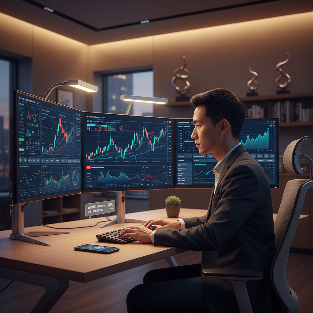 Professional financial workspace in 2026 with multiple monitors displaying AI-optimized stock charts and wealth management dashboards, symbolizing advanced financial growth.