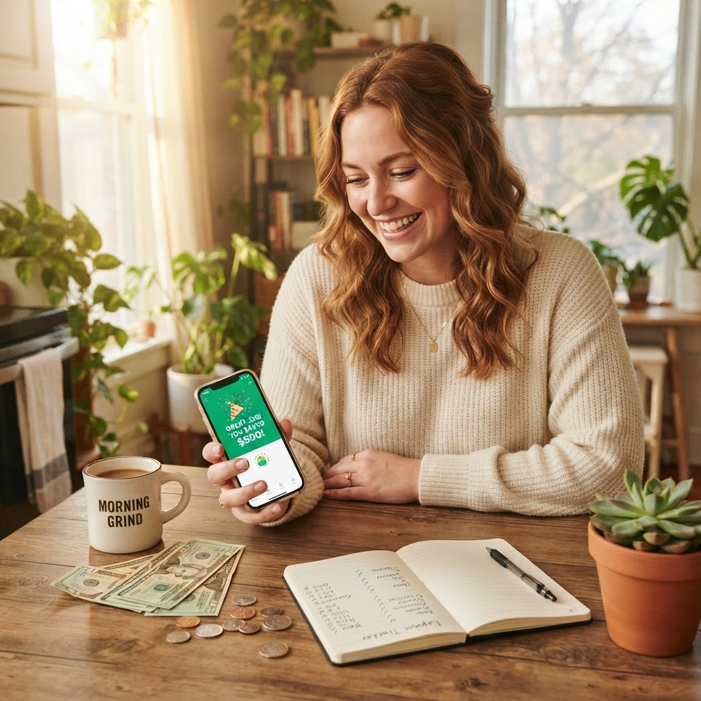 Person smiling while looking at a savings app showing $500 saved, notebook with budget plan, cash and coins on the table, financial freedom concept