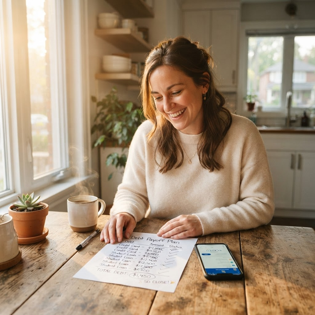 Person feeling relieved while reviewing a debt payoff plan on the kitchen table, smartphone with banking app, morning sunlight, financial freedom concept